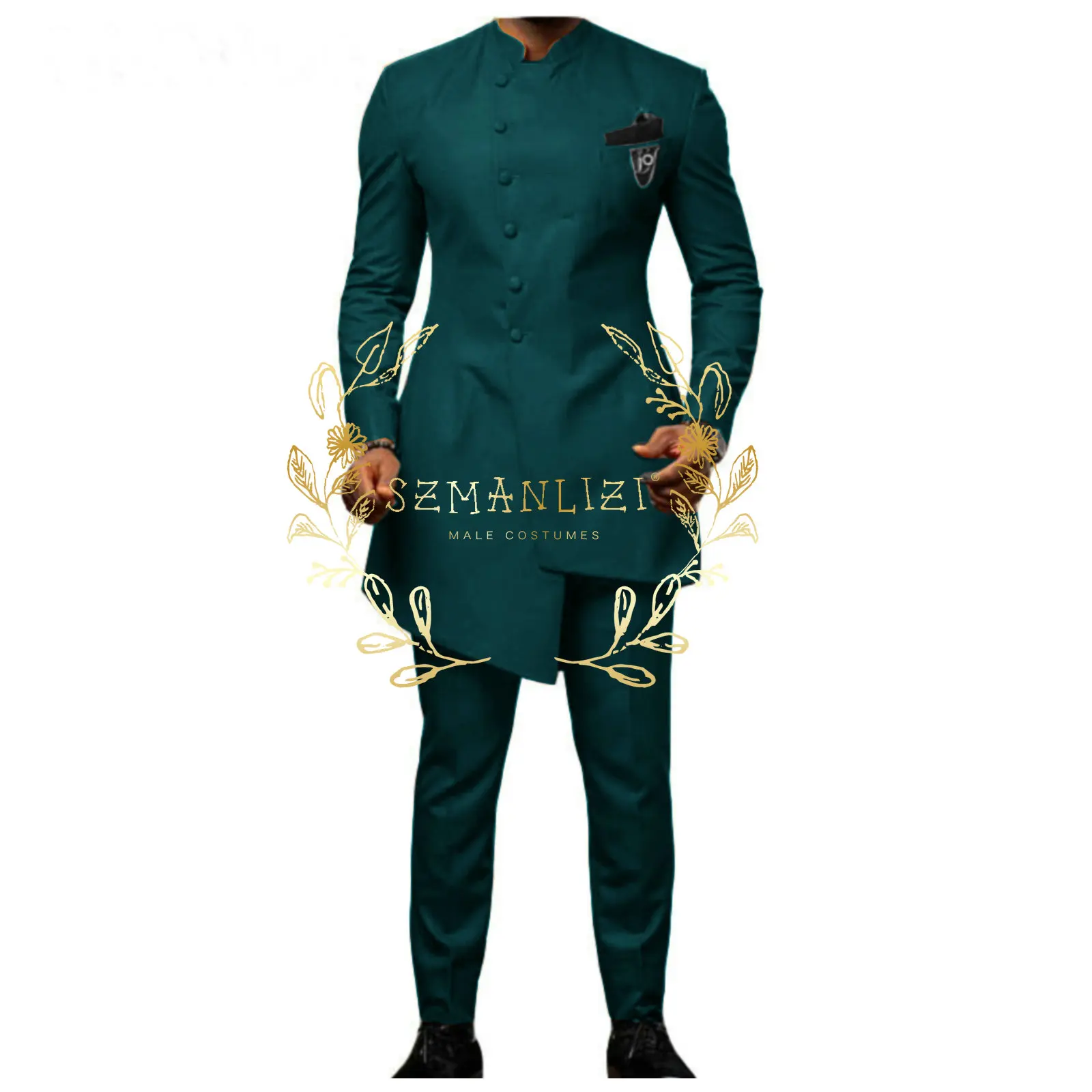 

Latest Coat Pants Designs Stand Collar Best Man Slim Fit Oil Green Groom Men Suits Wedding Blazer Prom Tuxedo Costume