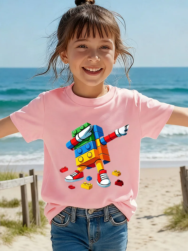 Summer Children's Dab Dance Colorful Building Block Robot Printed Short-Sleeved T-Shirt Boys And Girls Comfortable Casual Top