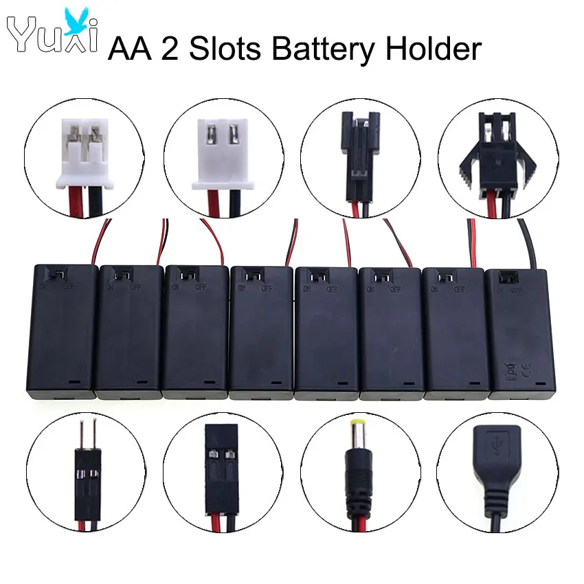 YuXi 1 Stück 2-Slot AA-Batteriehalter Aufbewahrungsbox mit Abdeckung und Schalter PH2.0/XH2.54/SM/DuPont USB 2.0 Terminal Line