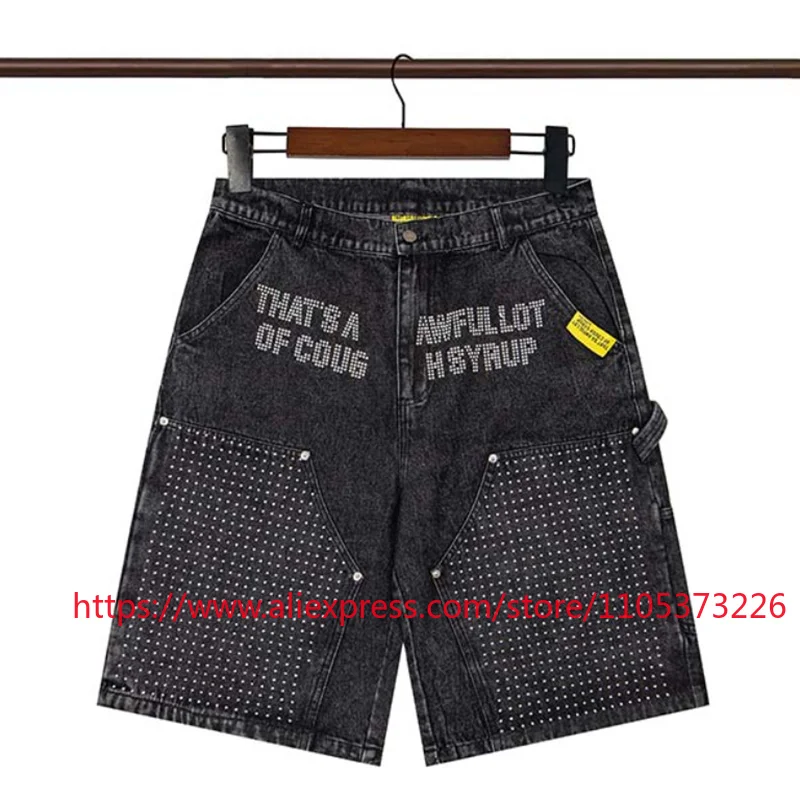 

New THAT'S A AWFUL LOT OF COUGH SYRUP Men’s Rhinestone Letter Print Denim Carpenter Jeans Shorts Casual Pants