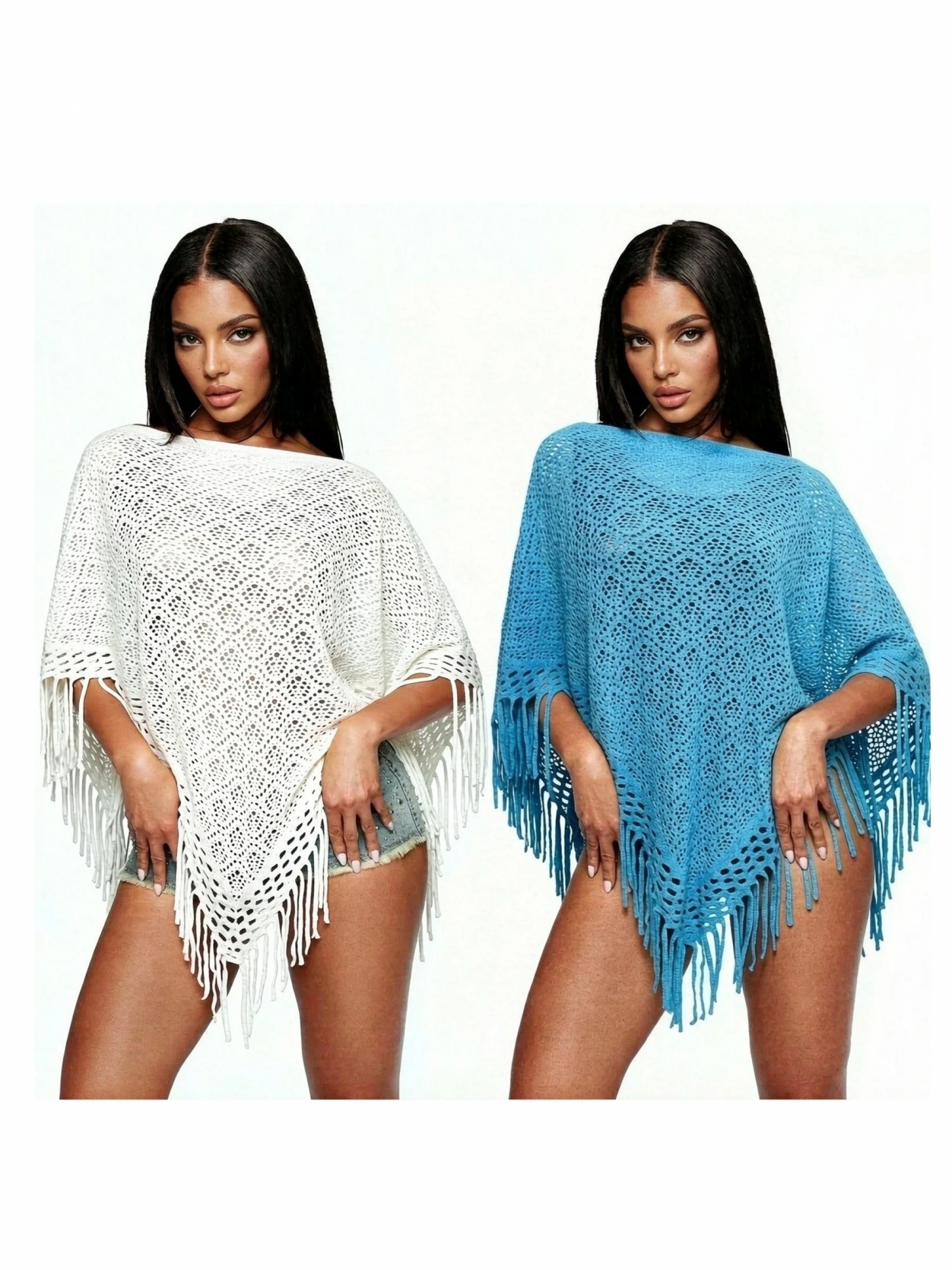 Women Sweater Shawl Wrap Weave Cutout Tassel Spring Summer Knit Poncho Tops