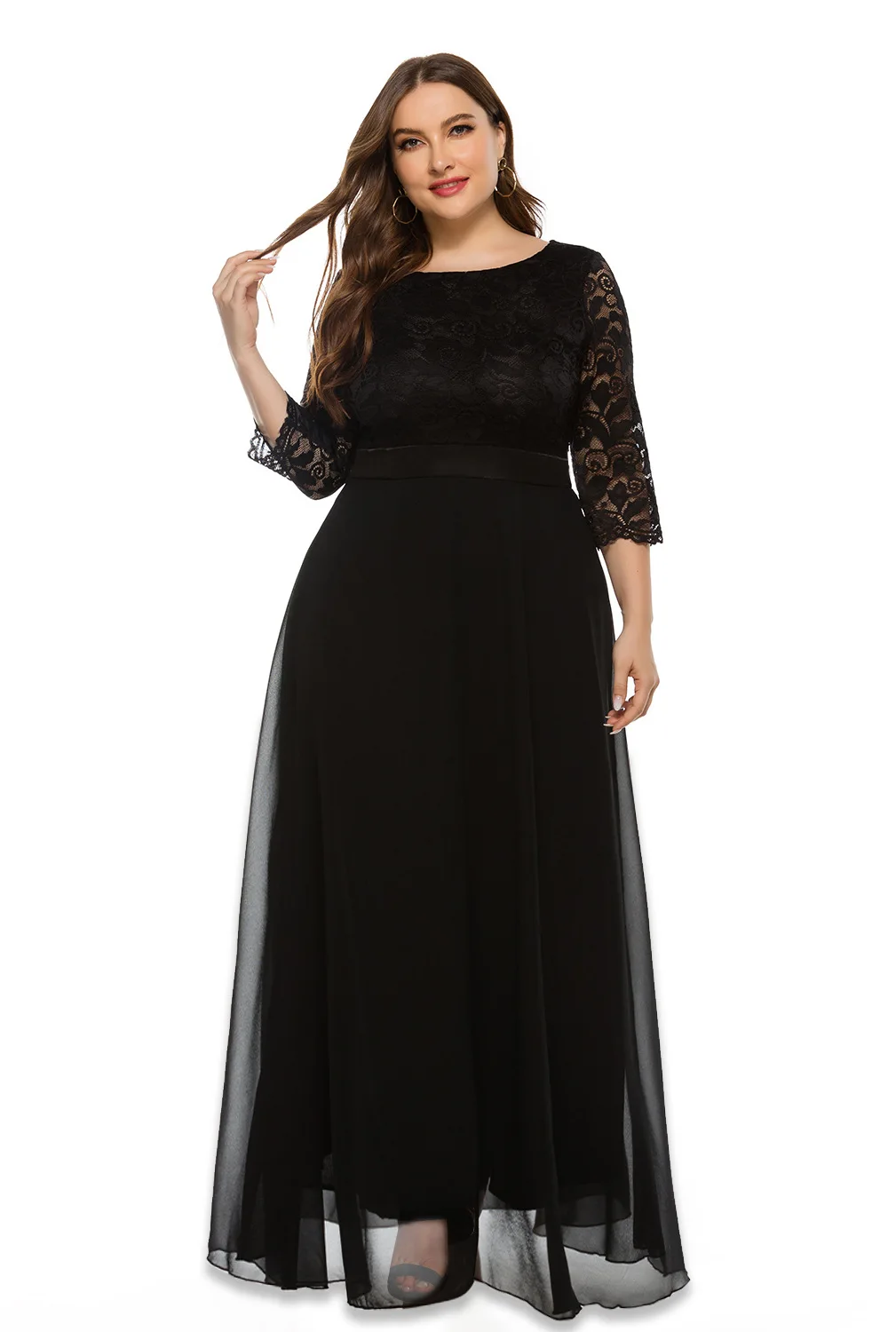 2024 Large Size Women Dresses Casual New Fashion Lace Splicing Evening Dress Round Neck Long Sleeve Temperament Elegant Dresses