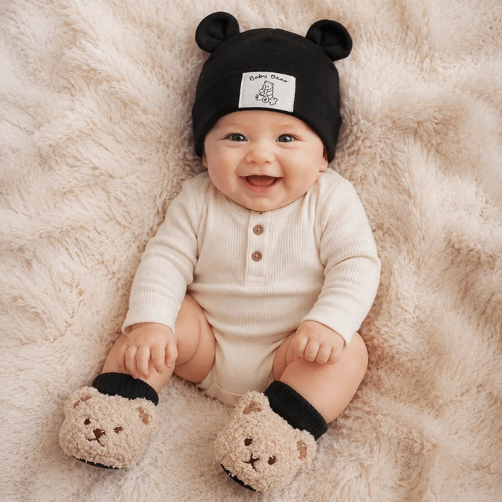 2Pcs/Set Cute Cotton Baby Hat Socks Set Soft Warm Infant Cap Socks Cartoon Pullover Cap Baby Turban Socks for Newborn