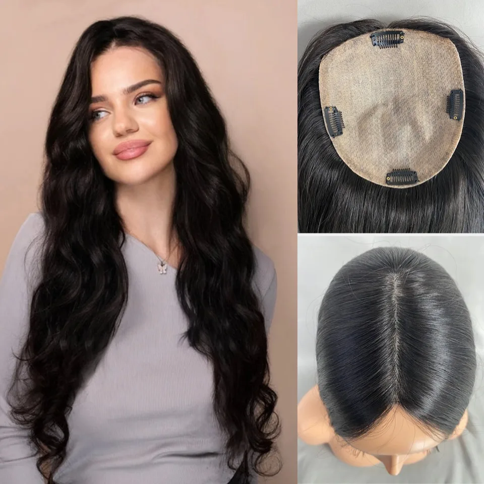 Remy Human Hair Topper Free Parting  Natural Black Color Skin Silk Base Natural Scalp Hair Clips Toppers for Women Human Hair