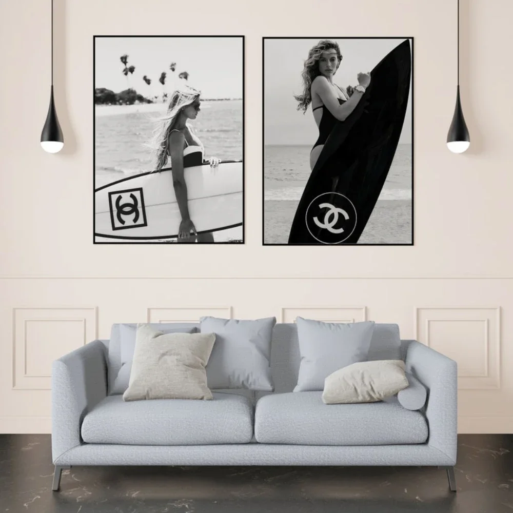 Fashion Prints Black and White Surfboard Wall Art Surf Girl Teen Room Decor Designer Luxury Art Trendy Girly Poster