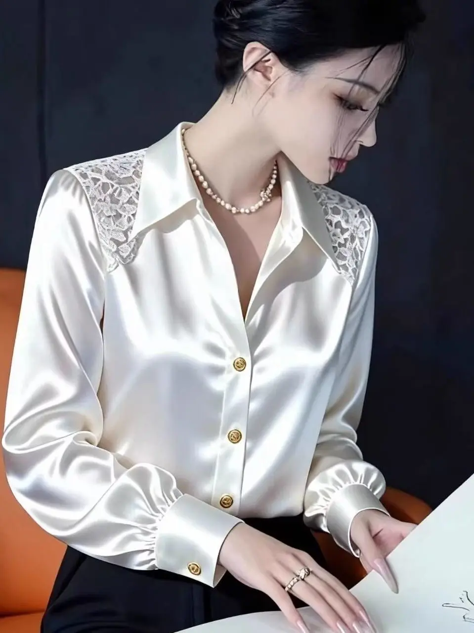 

Elegant Lace Patchwork Silk Shirt Women's Spring Fashion Minimalist Style Korean Loose Fit Long Sleeve Button up Top