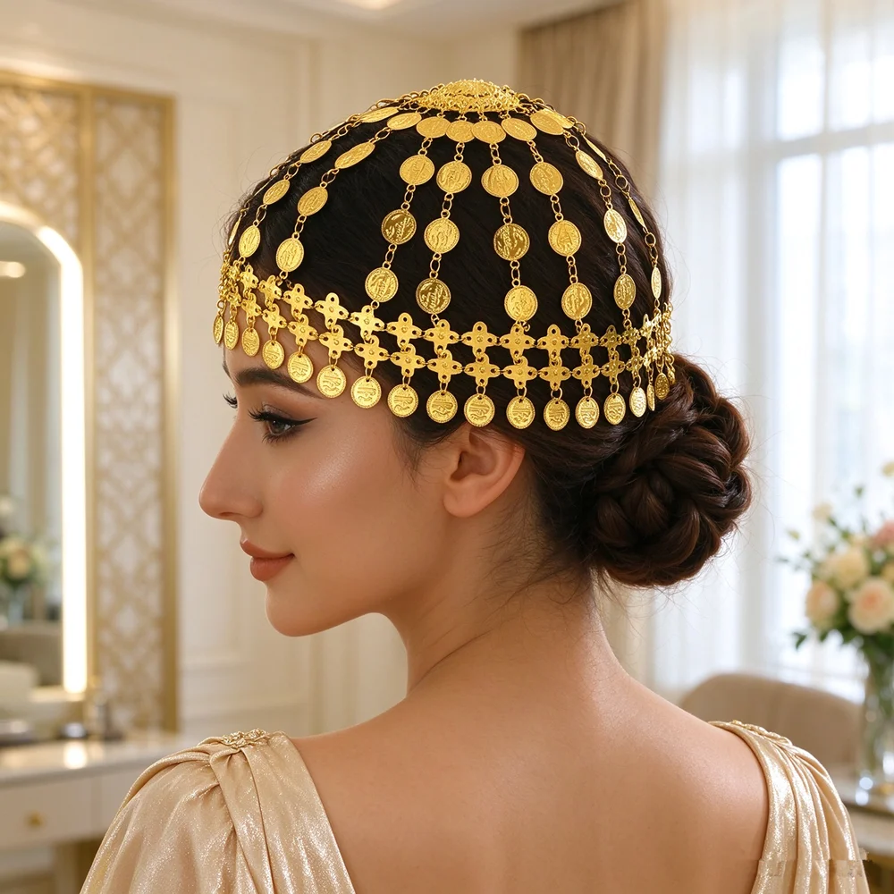 Middle Eastern Cross Motif Coin Head Cap Dangle Embossed Coins Head Jewelry For Belly Dance Costume