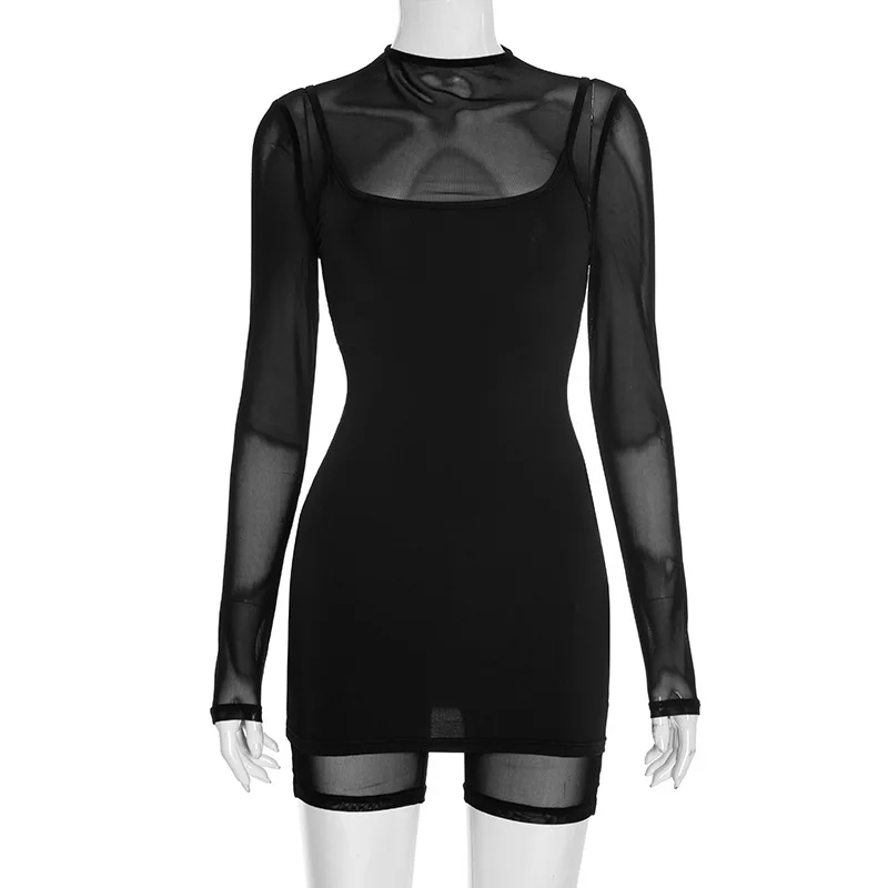 Women Solid Color Long Sleeve Jumpsuit with Mesh Panel and Detachable Slip Dress Two Piece Set for Party Evening Occasion Wear