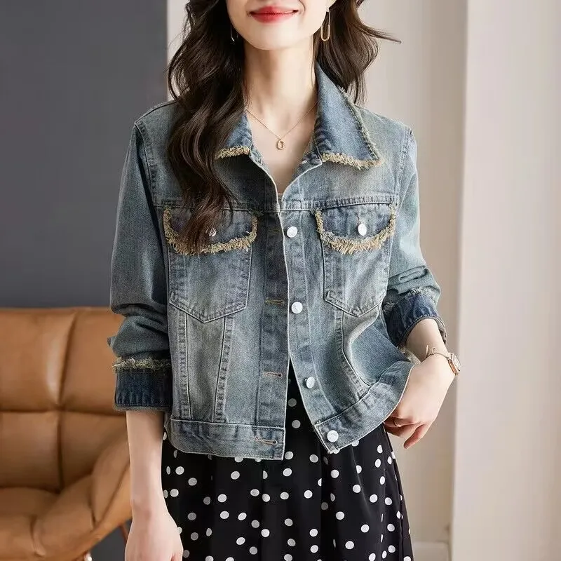 Jaket jins wanita, baju Denim lengan panjang kasual, rumbai jalanan longgar Musim Semi dan Gugur