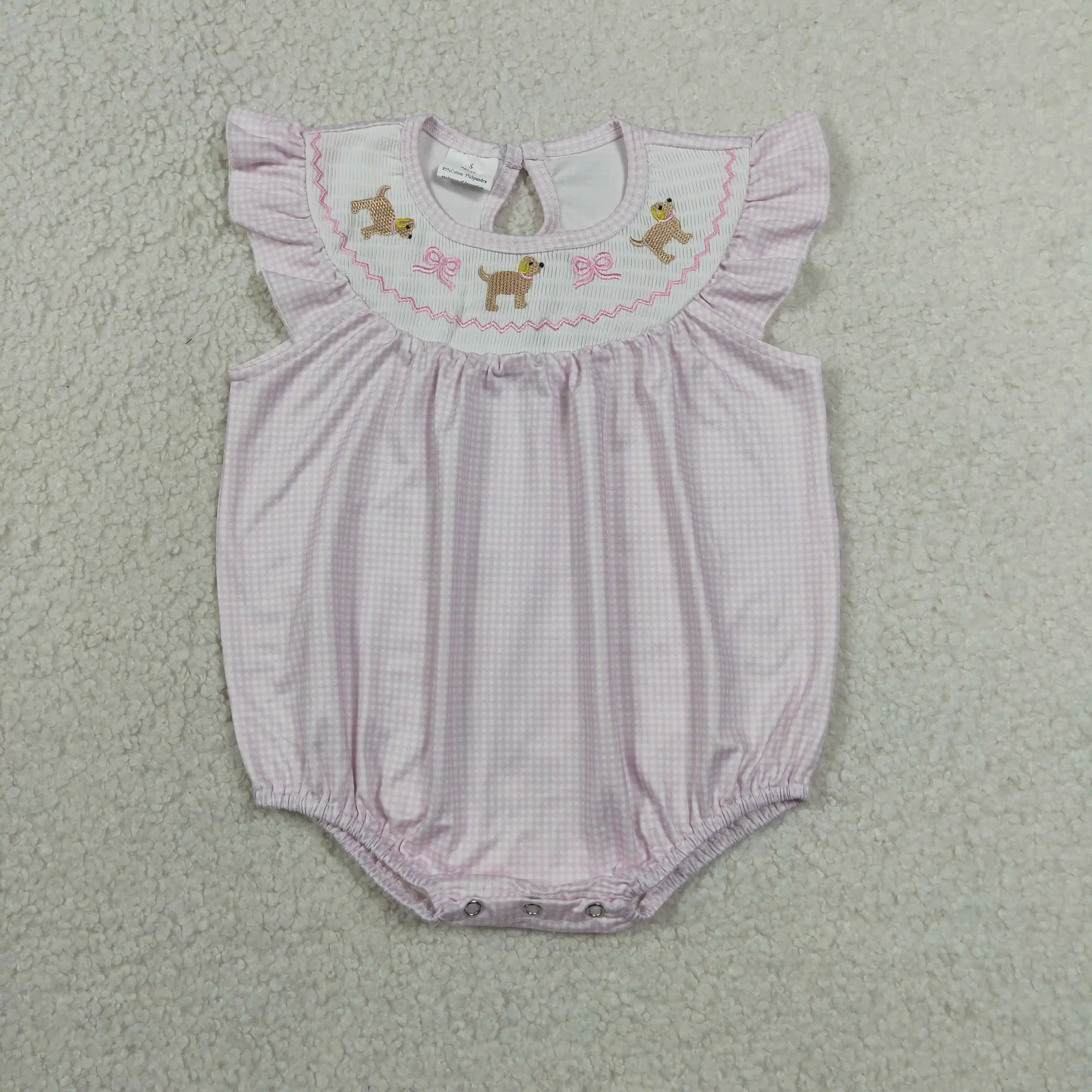 Wholesale Toddler Kids Embroidery Bows Dogs Clothes Newborn Short Sleeves Bubble Plaid Romper Baby Girl Children Summer Clothing