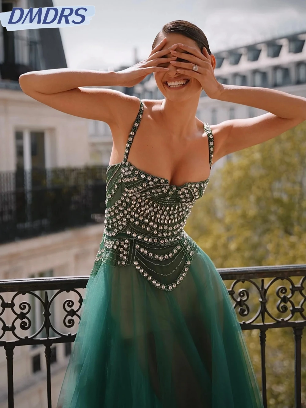 

Dreamy Green Tulle Beaded Evening Dress Illusion A-line Long Wedding Party Gown 2026 Customized Luxury Square Neck Prom Dresses