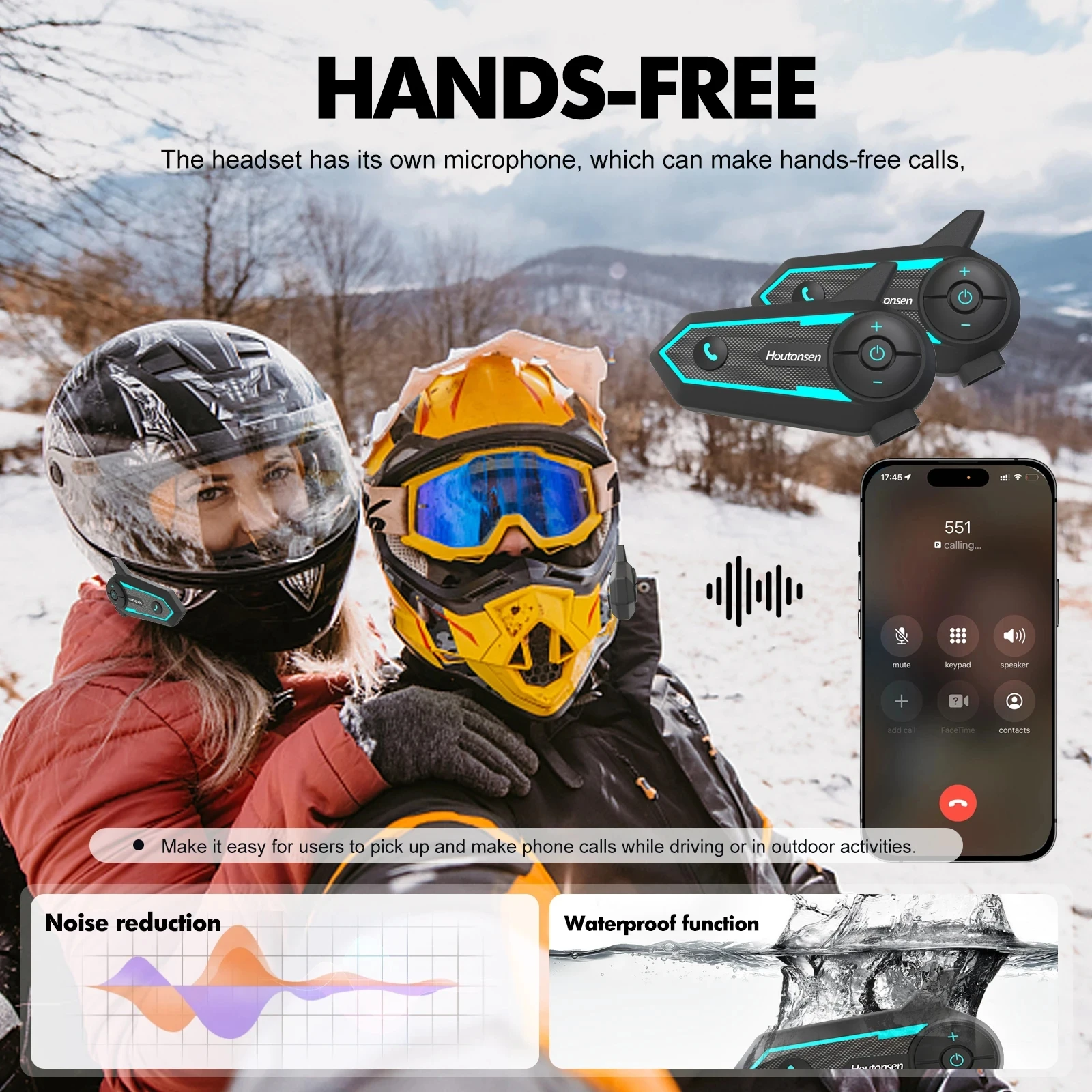 Houtonsen S6 Motorcycle Helmet Bluetooth Headset Noise Reduction Waterproof Walkie-talkie Music Player RGB 3-color Ambient Light