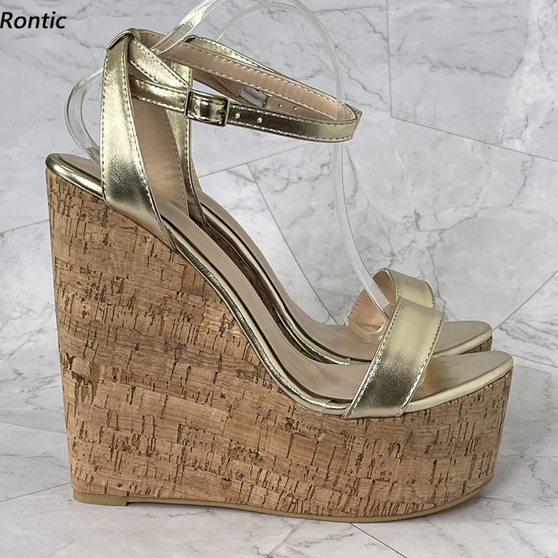 

Rontic Handmade Women Platform Sandals Unisex Wedges Heels Round Toe Pretty Light Gold Party Shoes Ladies US Plus Size 5-20