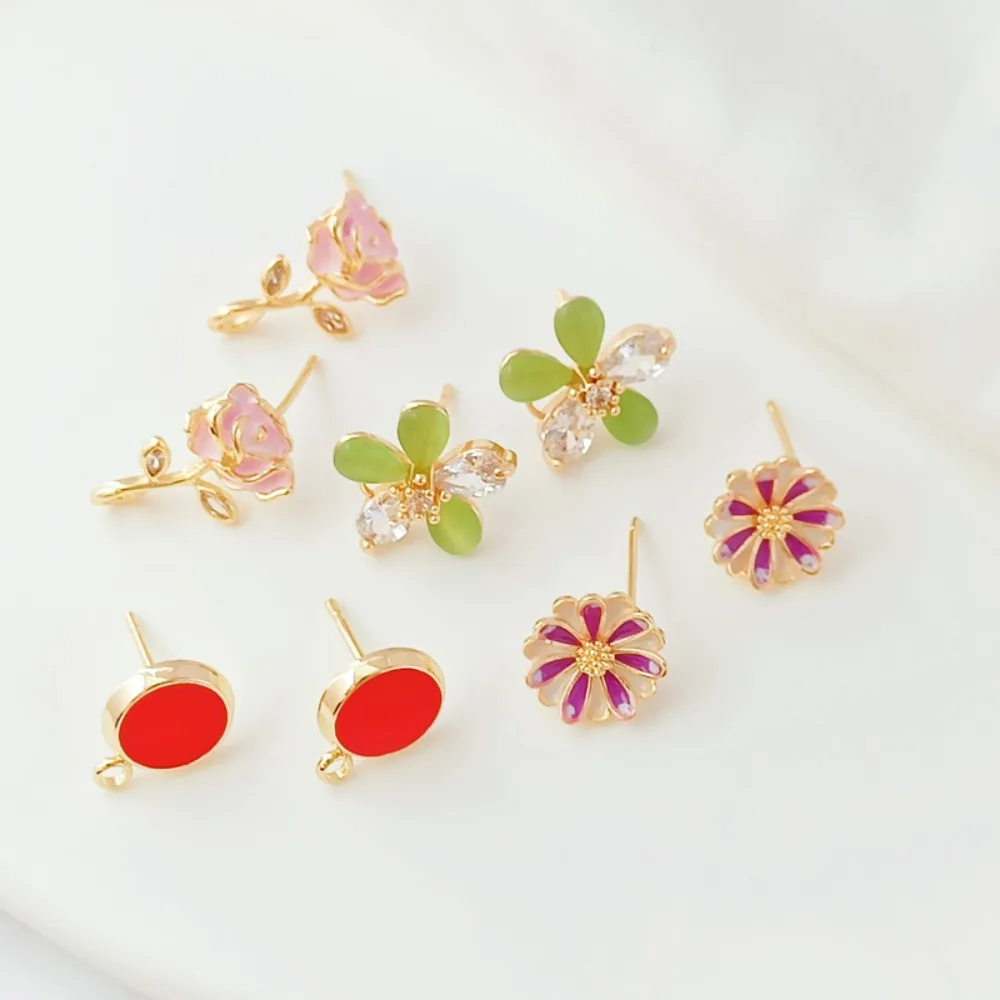 14K Gold-plated Micro-inlaid Cat's Eye Oil Rose, Five-leaf Flower, Small Daisy S925 Earneedle DIY Handmade Jewelry