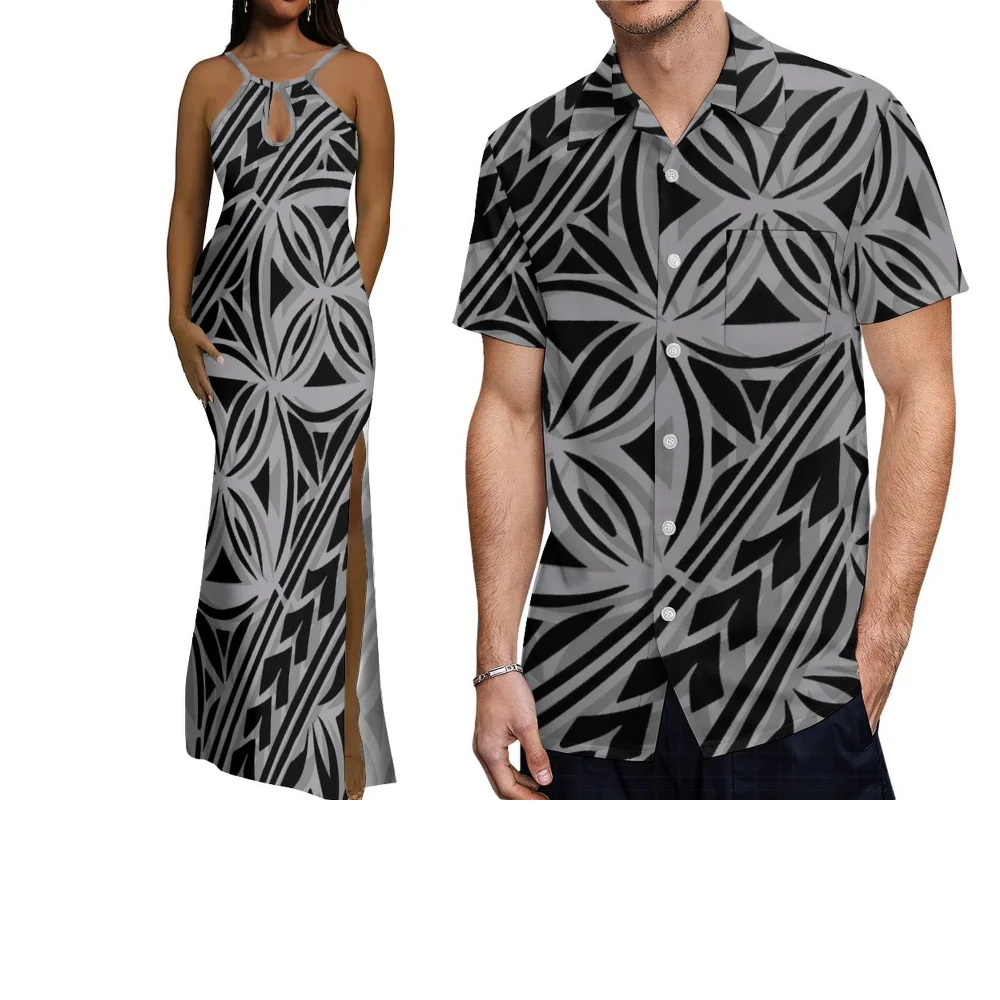 Polinésia casal feito sob medida retro impressão design verão senhoras vestido elegante e camisa casual masculina conjunto de duas peças