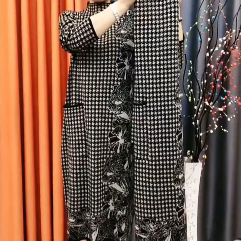 Vintage Stand Collar A-Line Dresses Female Spring Autumn Pockets Houndstooth Stylish Asymmetrical Printed Spliced Midi Dress New