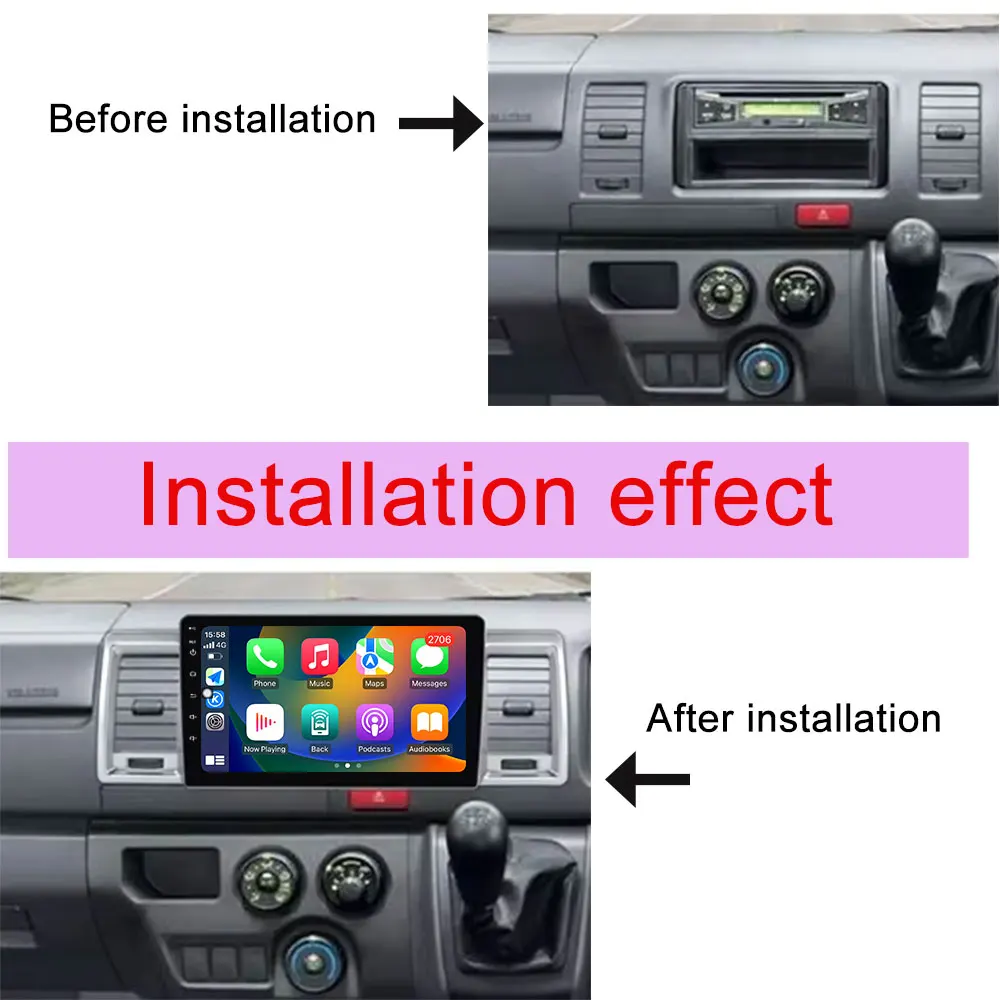 Radio samochodowe z bezprzewodowym CarPlay do Toyota Hiace 2010 - 2018, odtwarzacz multimedialny wideo i audio, nawigacja GPS, DSP Stereo, ekran QLED, WIFI