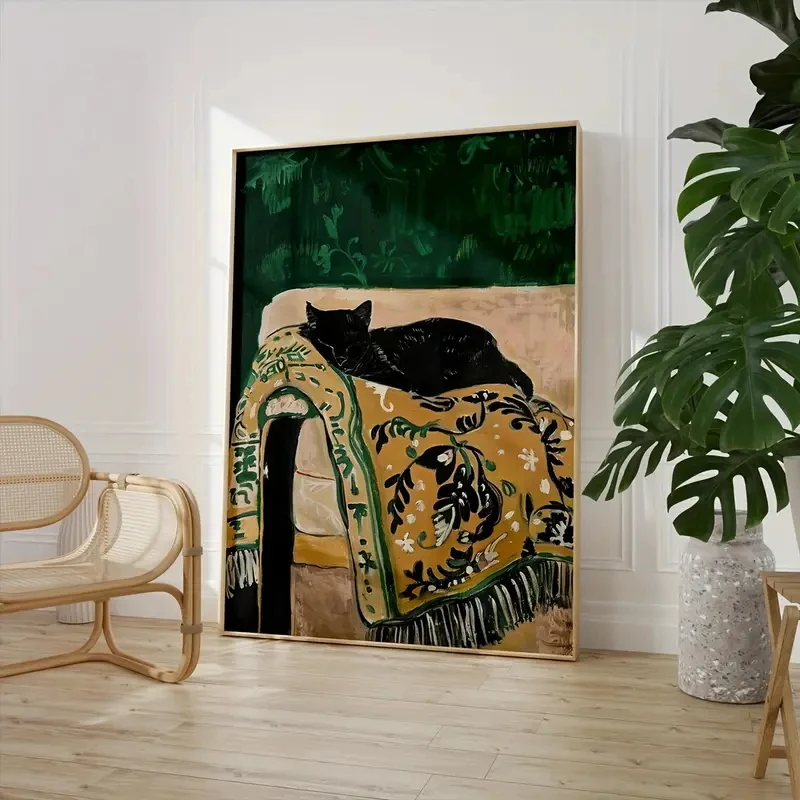 

BlackCat Poster Print Modern Simple Comfortable Decoration Emerald Green Living Room Painting Retro Animal Wall Art Home Decor