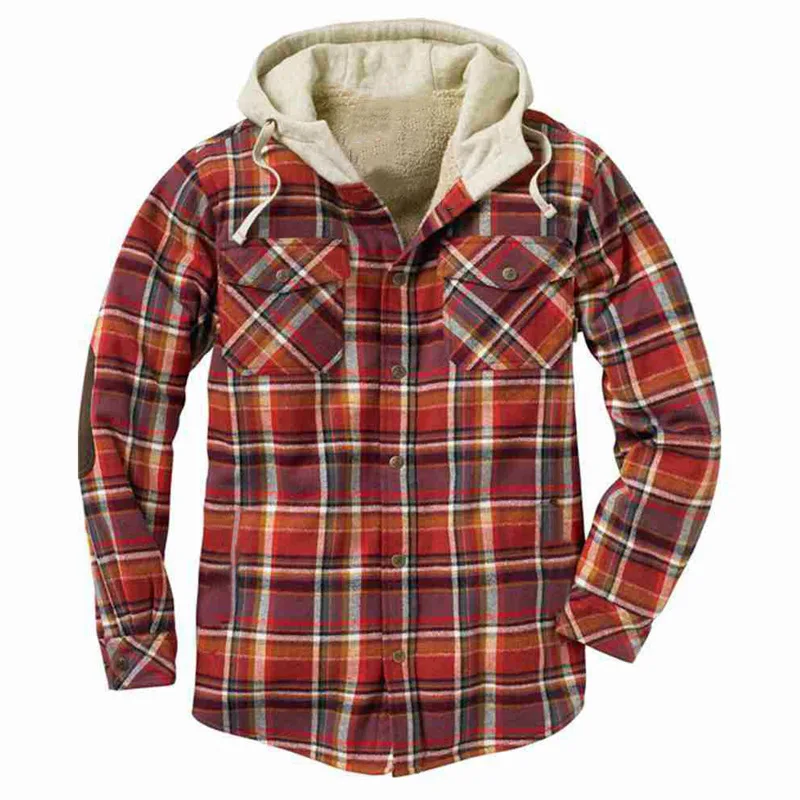 Europe and The United States Men\'s Autumn and Winter Plaid Printed Casual Hooded Shirt Jacket with Fleece Thickened Jacket