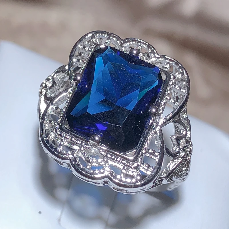 Exaggerated Geometric Hollow Square Dark Blue Zirconia Ring Female 925 Stamp Party Wedding Jewelry Gift Wholesale