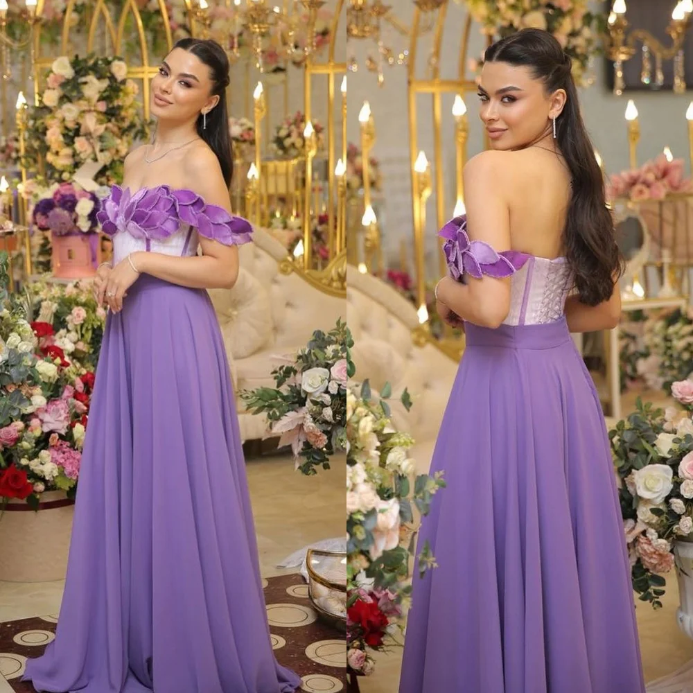 Customized Jersey Flower Beading Ruched Prom A-line Off-the-shoulder Bespoke Occasion Gown Long Dresses