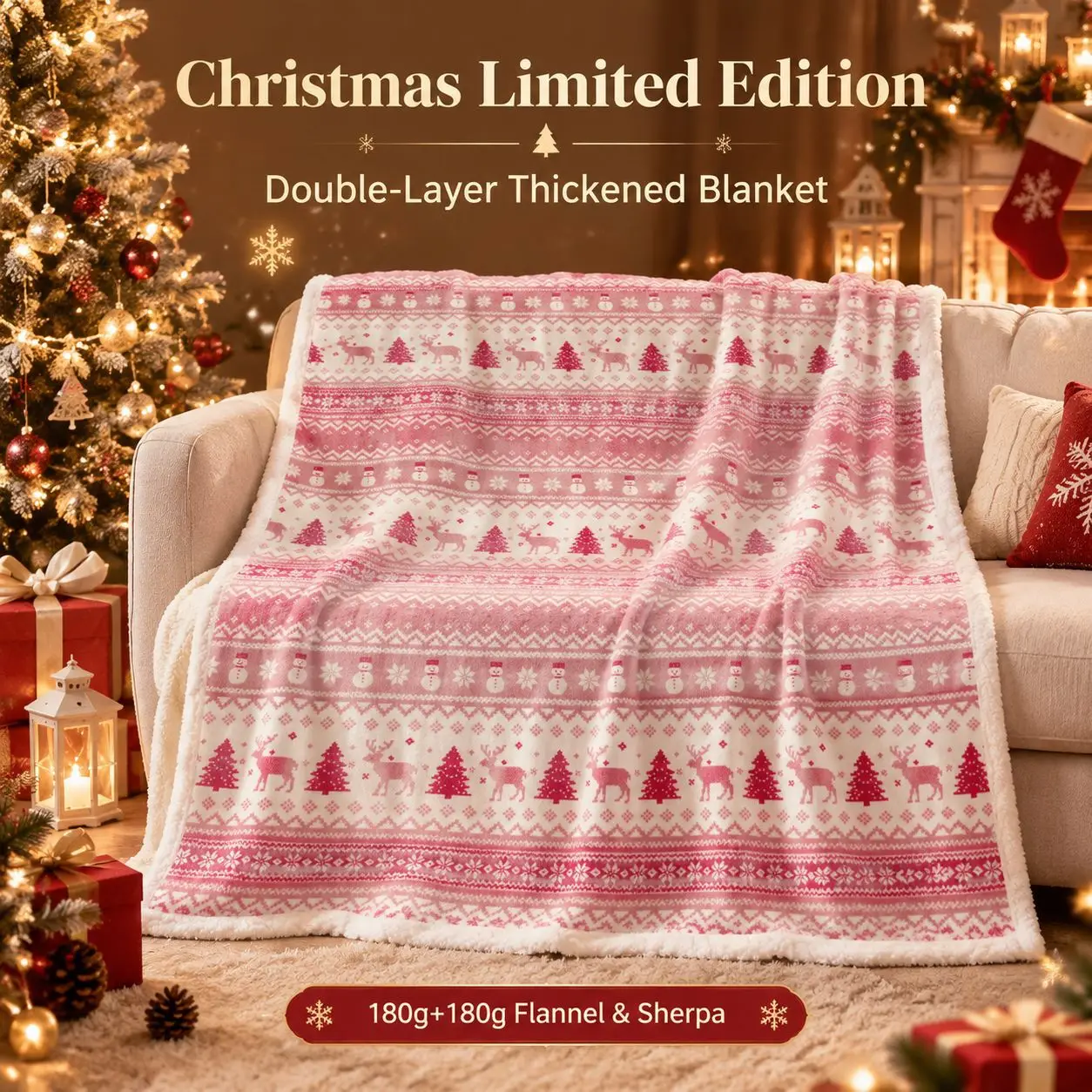 150x200cm Christmas Flannel Lambskin Blanket Double-Sided Thick Winter Blankets Holiday Gift Nap Blankets Christmas Decorations