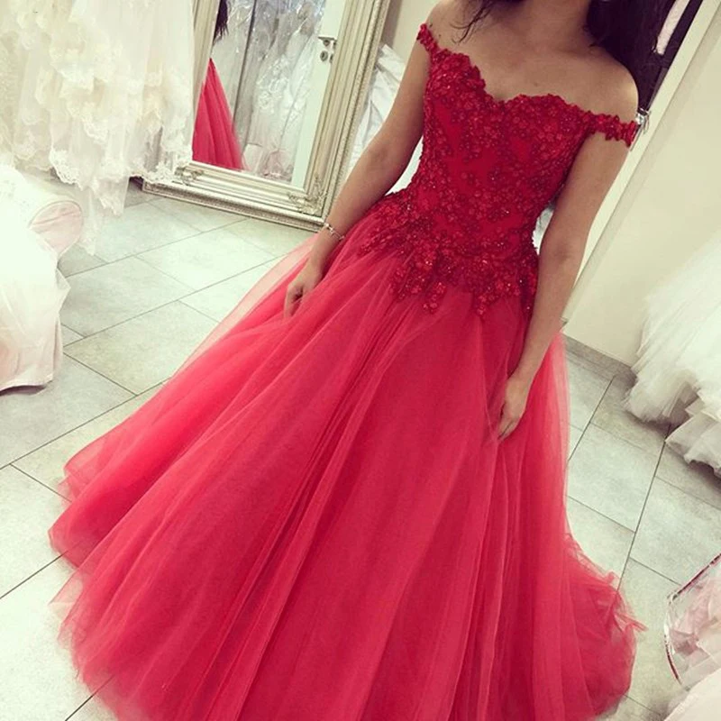 

Angelsbridep Red Appliques Sweetheart Long Evening Dresses Off Shoulder Lace-up Women Graduation Prom Gowns Robes De Soirée