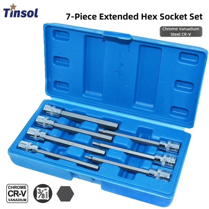 TINSOL 7pcs 3/8 Drive Extra Long Metric Allen Hex Bit 3-10mm Impact Adapter Allen Key Socket Set Auto Hand Tools W/ Storage Case