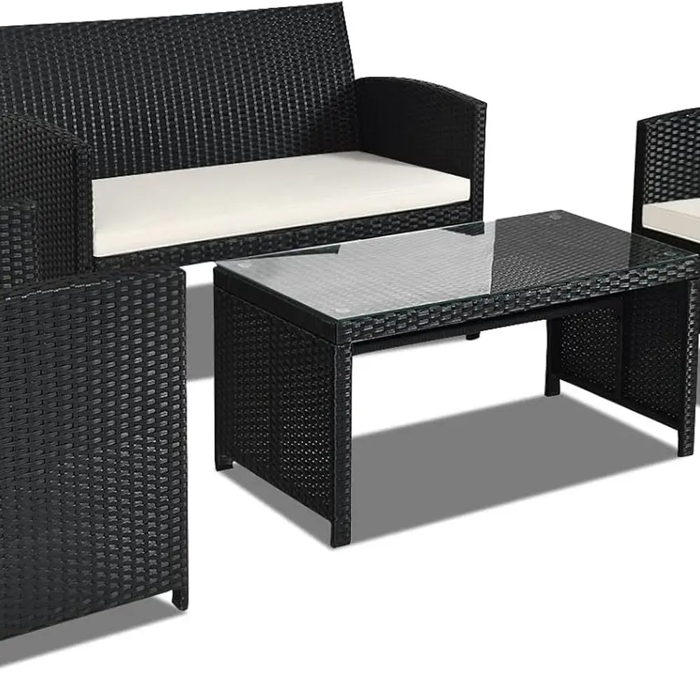 Conjunto de sofá de ratán para exterior blanco con cojines y tapa de cristal para patio, jardín y zona de piscina