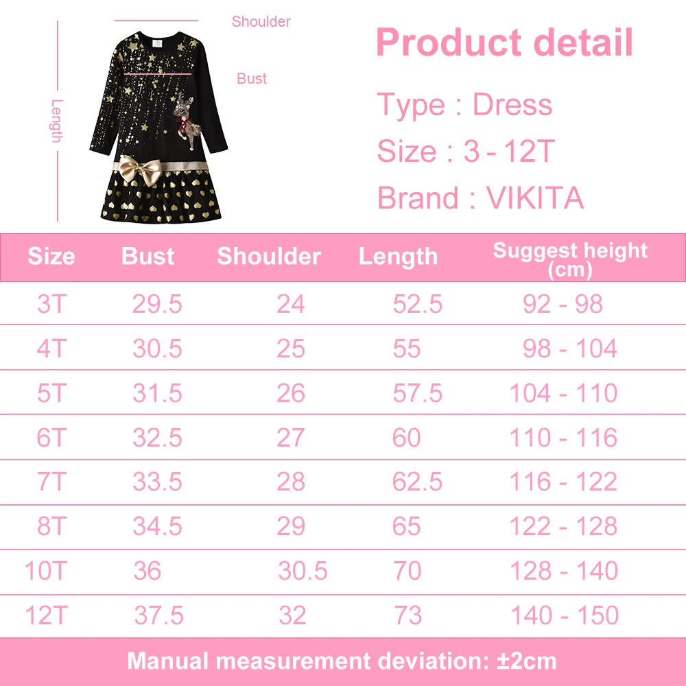 VIKITA Girls Christmas New Year Gift Dress Kids Elk Sequined Appliqued Star Heart Print Cotton Dresses with Bowknot Kids Clothes
