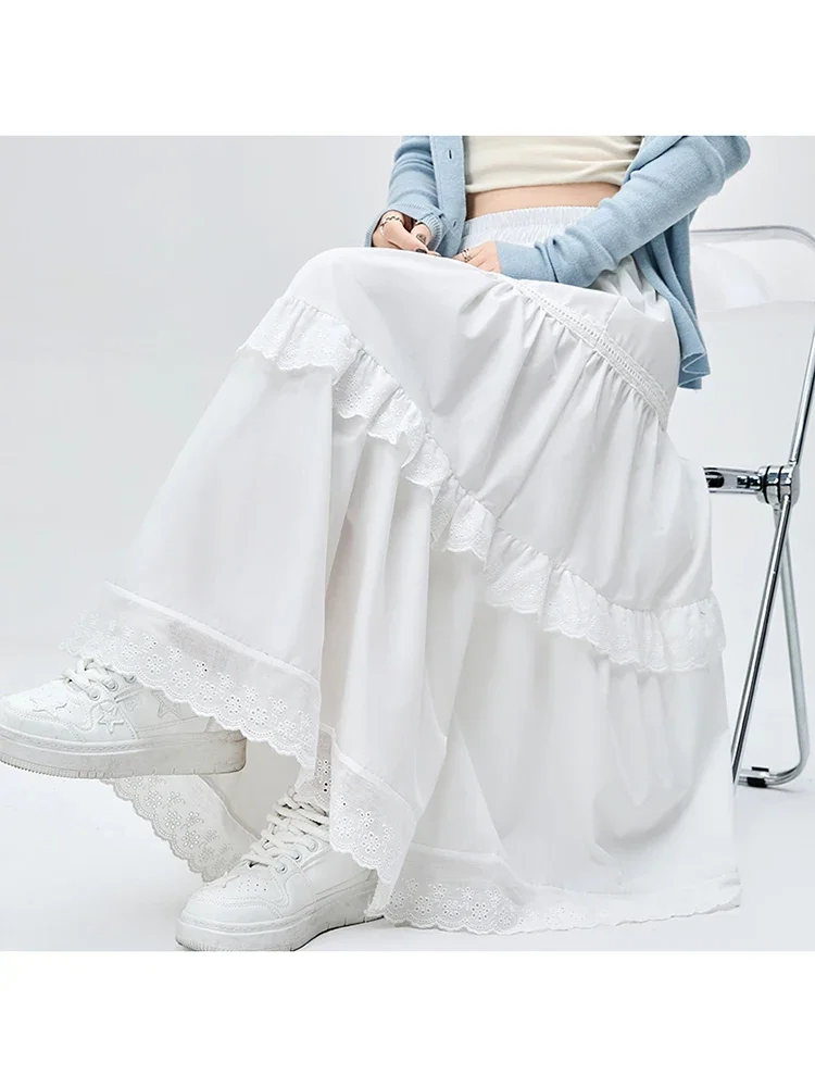 New Solid Color White Fashion Lace Elastic Waist Women Skirts Casual Classic Elegant Office Ladies Summer Simple Female Skirts