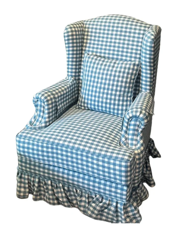 

French cream style sofa retro pastoral small floral skirt Xiaohongshu blue and white plaid American