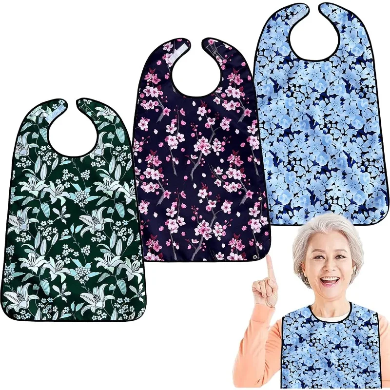 3 Pcs Exquisite Floral Adult Bib, Waterproof Polyester Washable Clothing Protector with Crumb Catcher for Elderly Eating