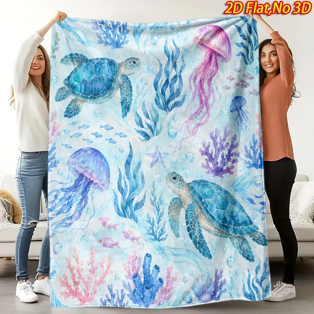Ocean Mermaid Sea Life Kids Blanket Throw 150x200cm Cartoon Jellyfish Turtle Under Sea Waterproof Mat