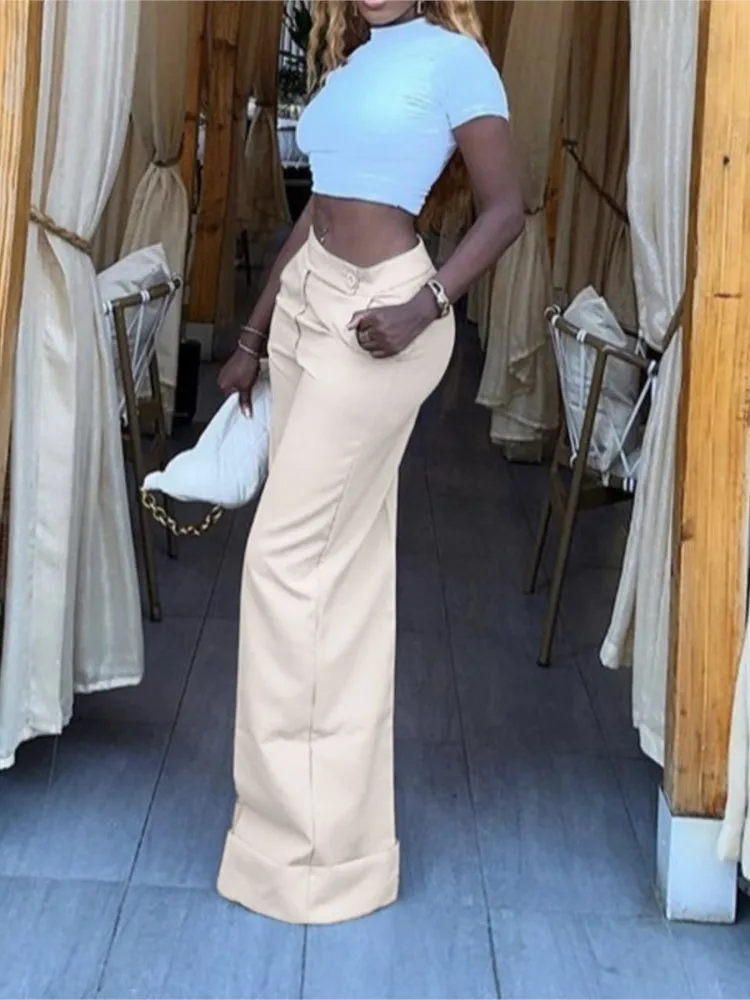 خريف جديد أنيق عادية واسعة الساق التنقل بنطلون المرأة مزاجه الموضة منتصف الخصر تنوعا زر مايكرو بنطلون