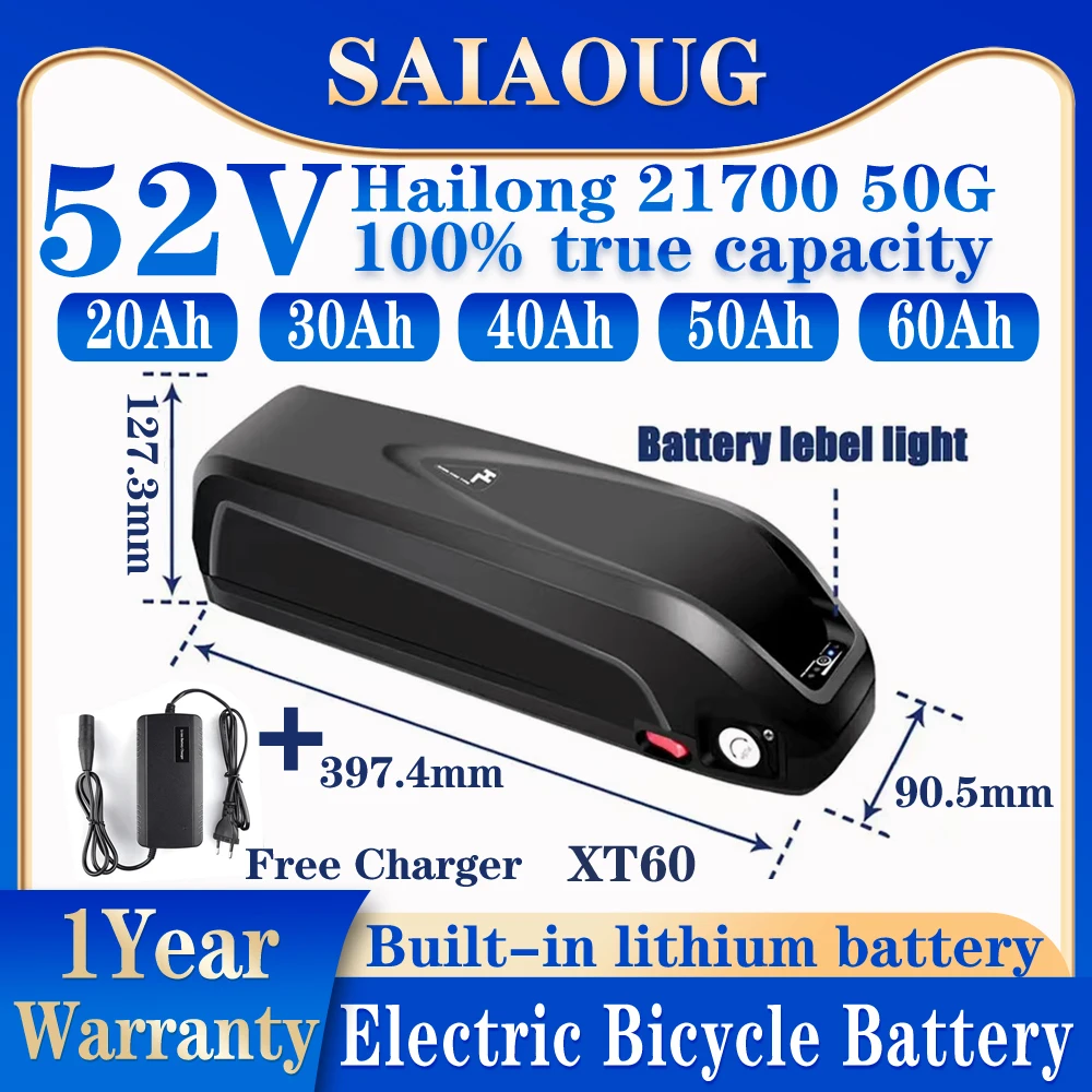 21700 DownTube Ebike Battery Hailong 36V 48V 52V 20Ah 30Ah 50Ah 60AH Lithium Pack for Bafang 1500W 1000W 250W 500W 2000W