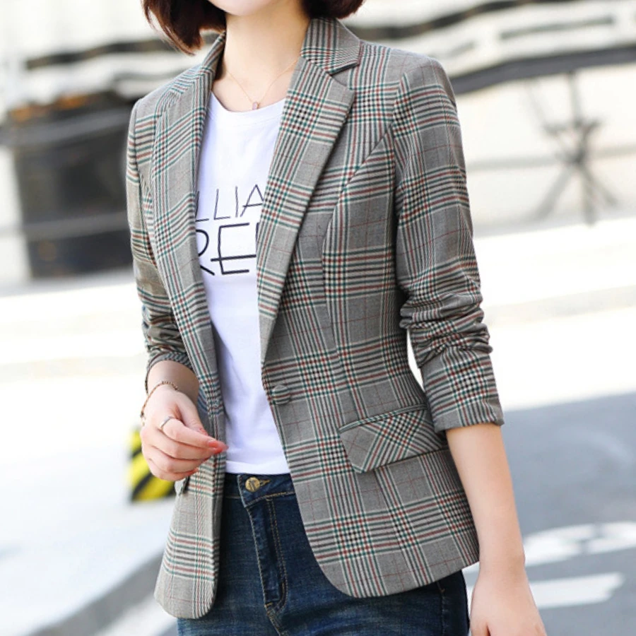 Women\'s Jacket Checkered Suit Slim Fit Blazer Suit Long Sleeved Short Top Spring Autumn Traf Official Store Store Korean Reviews