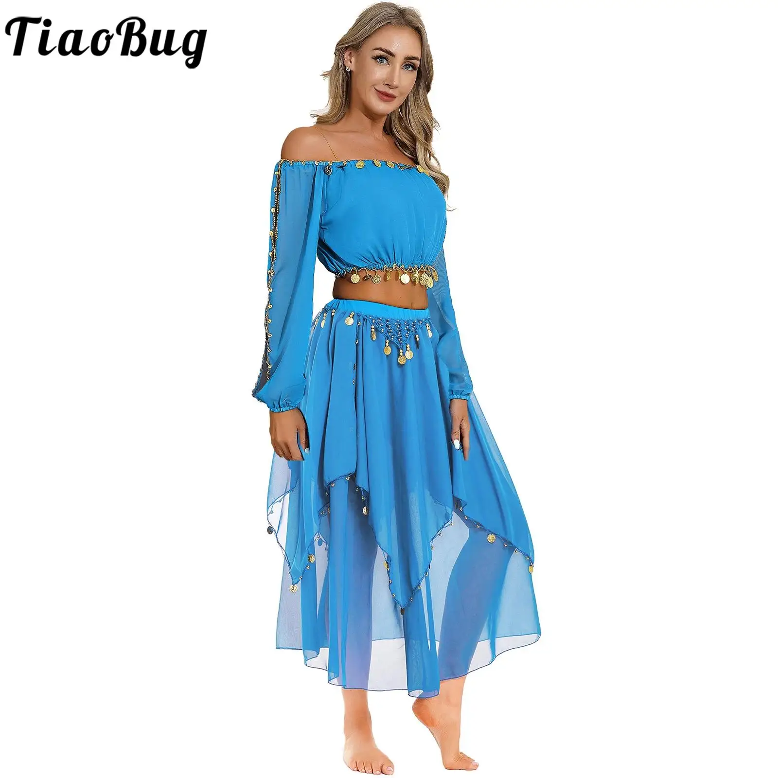 

Womens Shiny Belly Dance costume Set Sequin Crop Top and Chiffon Skirts Oriental Indian Dance Arabian Princess Dresses Outfit