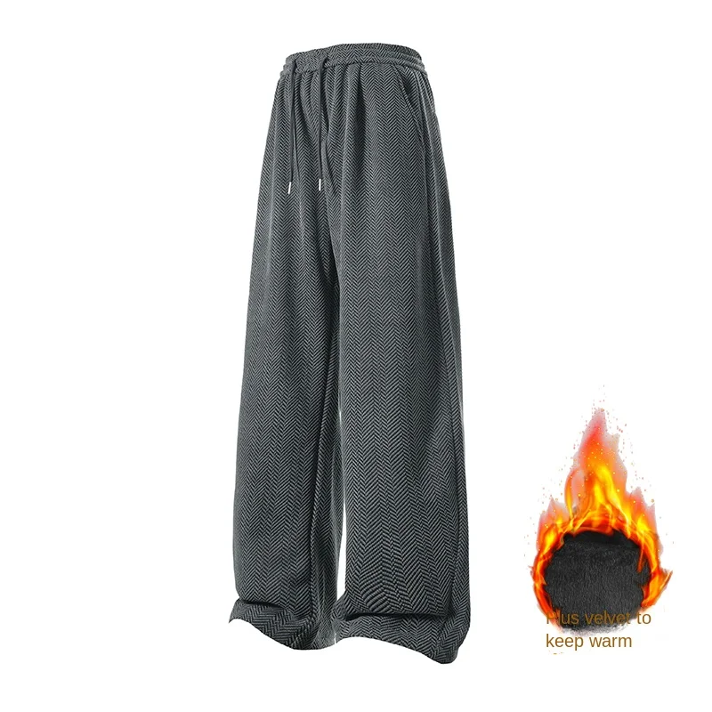 

Man Pants Baggy Pants Winter Fleece Casual Trousers High Street Fashion Black Elastic Waist Loose Fit Mens Clothing