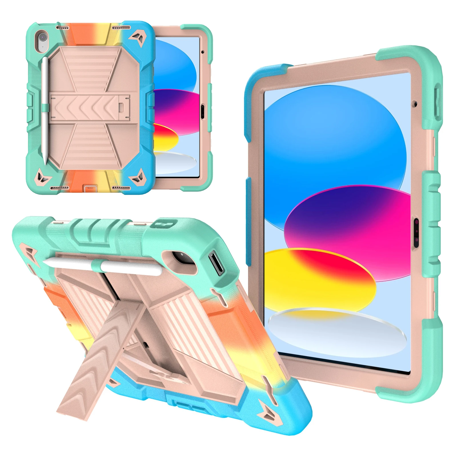 

For iPad (2025) / 10.9 (2022) Tablet Case with Kickstand PC + Silicone Shockproof Protective Cover - Rainbow
