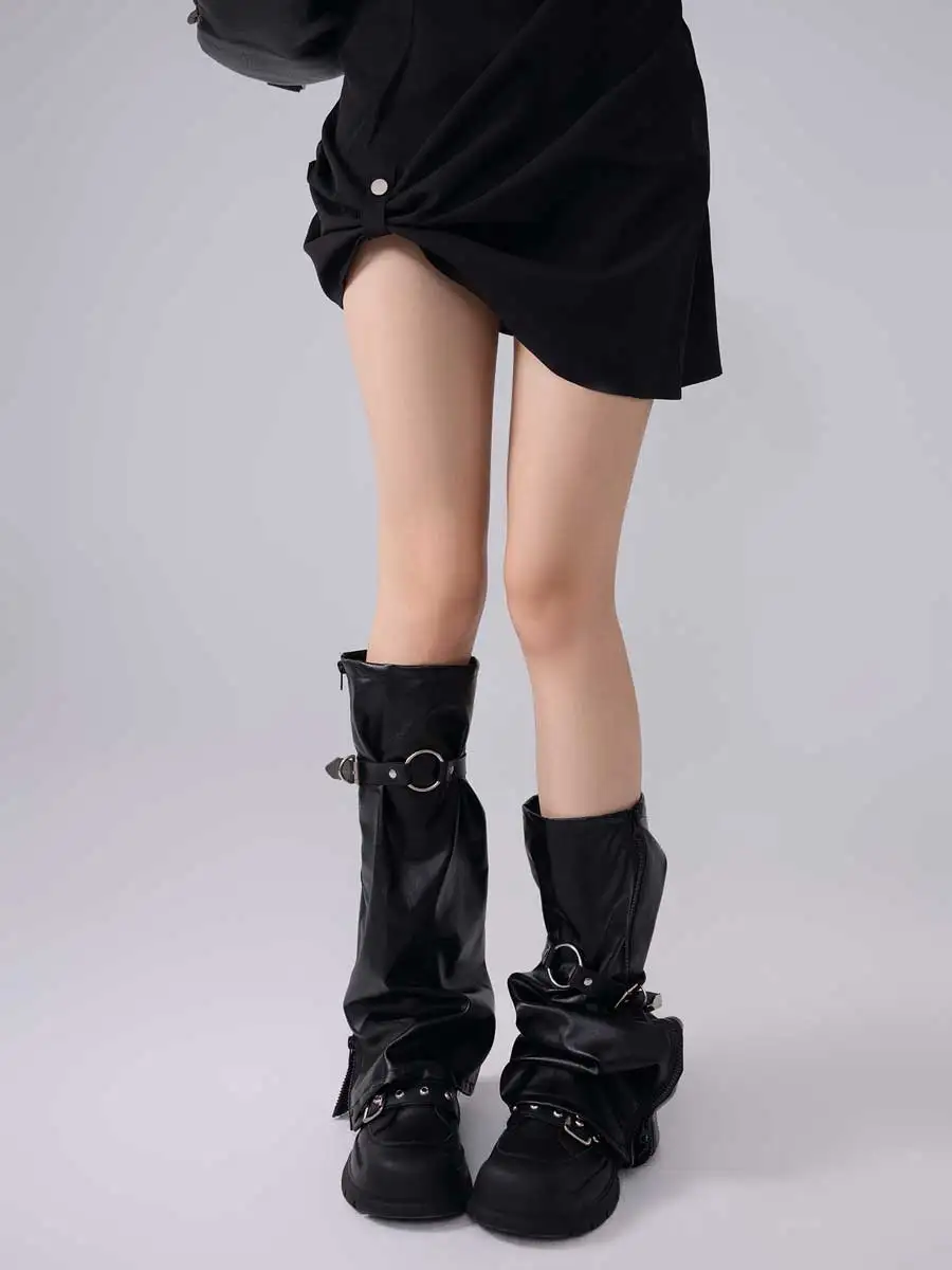 REDDACHiC Solid Black Leather Leg Warmers with Calf Leg Ring Women Zip-up Boots Cover Goth Knee Long Socks Y2k Vintage Clothes