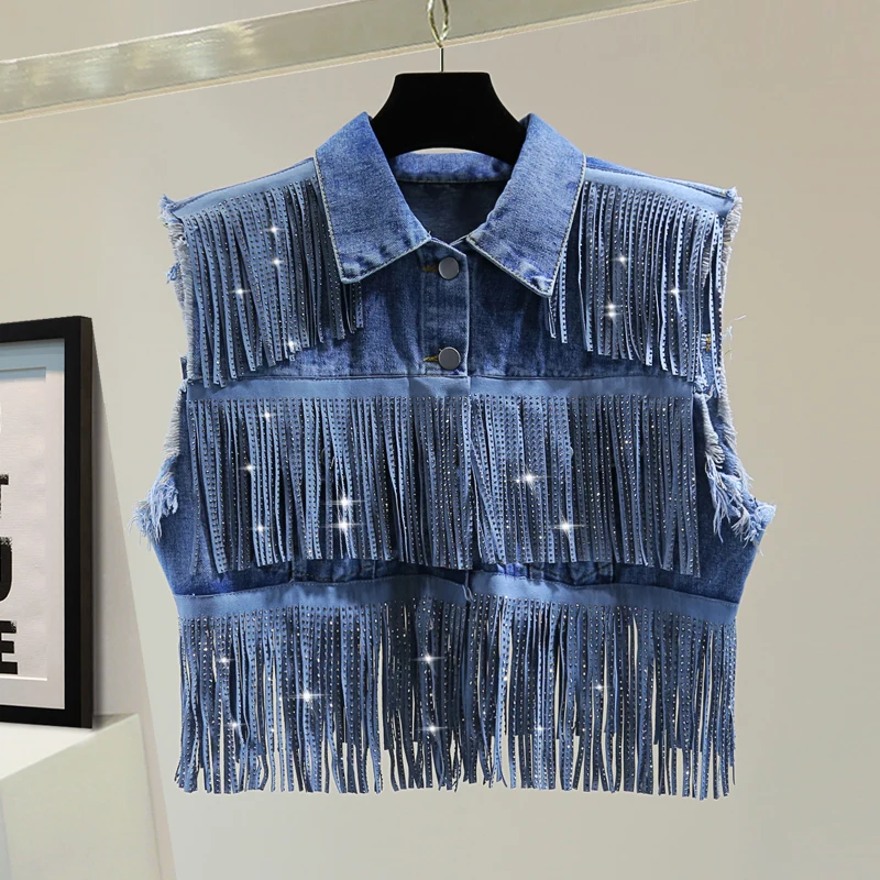 

Джинсовый жилет Chic Hot Diamonds Джинсовое пальто без рукавов с кисточками Летняя тонкая джинсовая куртка с высокой талией и бахромой Повседневный жилет Укороченные топы
