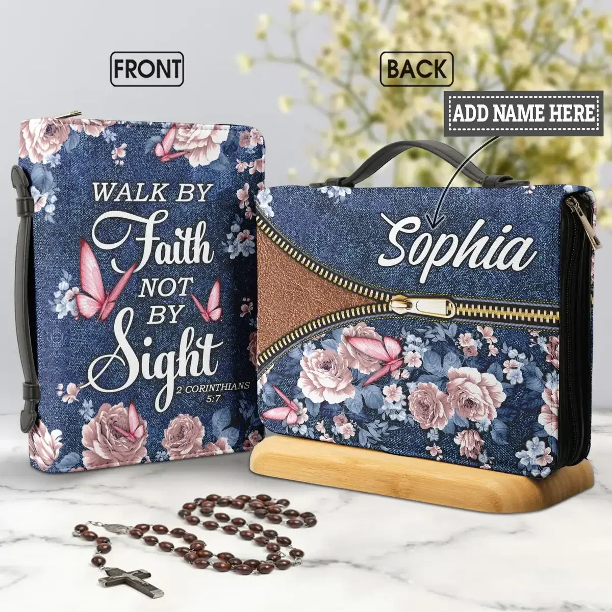 

Walk By Faith Not By Sight Butterflies Design Bible Cover Case Women's Leather Handbags Christianity Church Bible Storage Bags