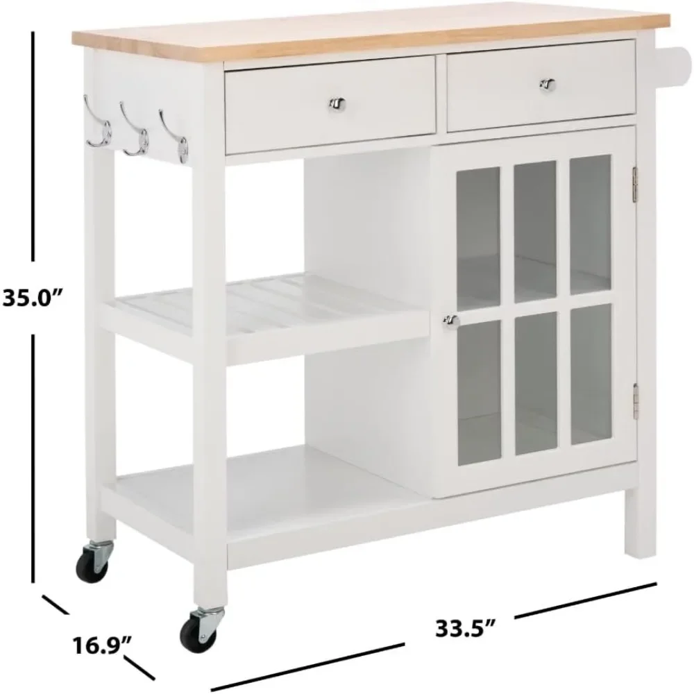 Kitchen trolley, white/natural 2 drawers and 3 hooks, storage trolley kitchen trolley with wheels，17 L x 33 W x 35 H inches