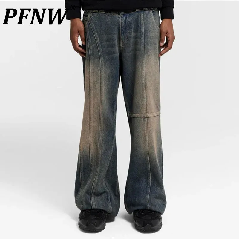 

PFNW New Autumn Men's Jeans Washed Worn-out Patchwork Bottom Loose Contrast Color Straight Wide Leg Male Jeans Fashion 12C747