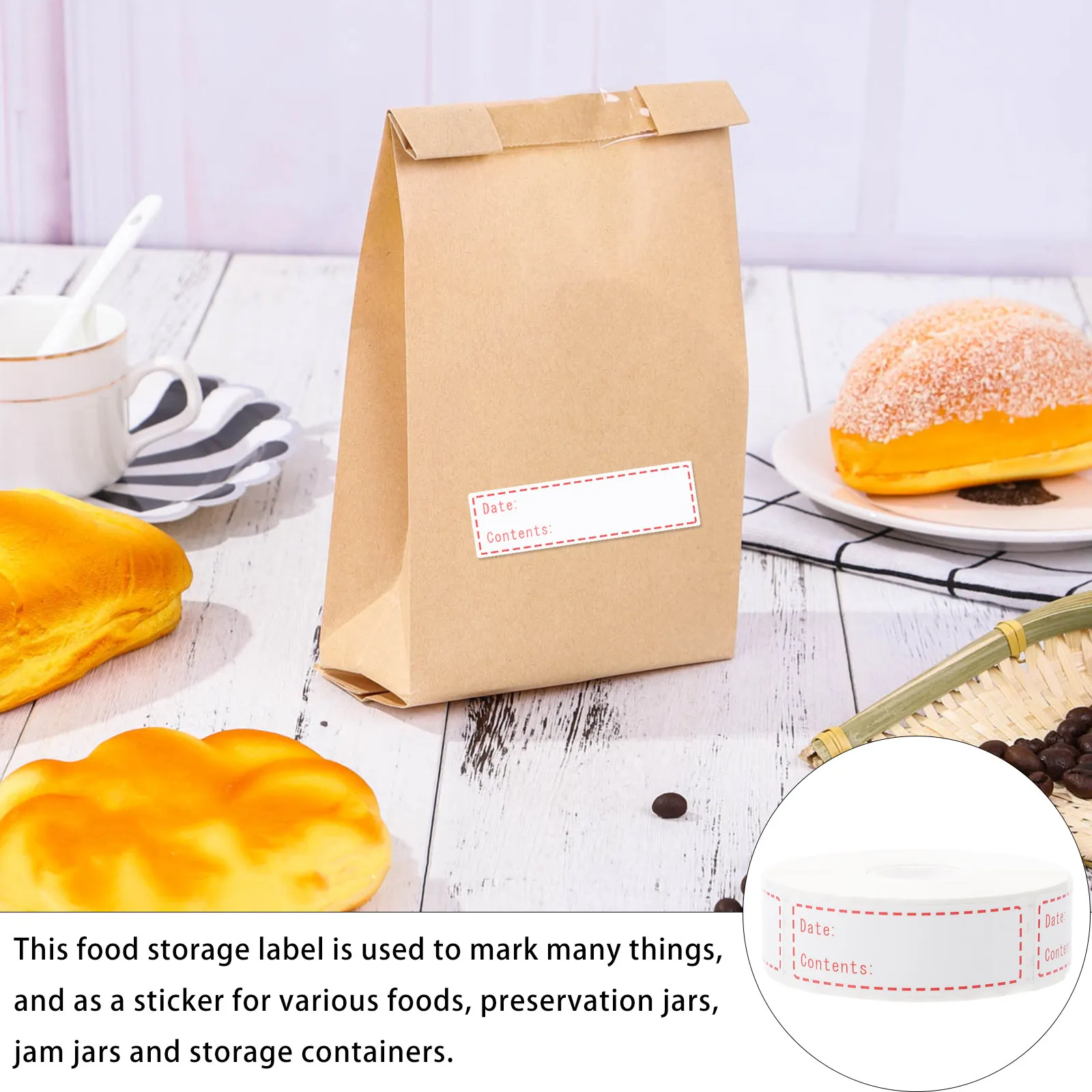 

1 рулон этикеток для хранения продуктов из высококачественной пергаментной бумаги, устойчивой к холоду и влаге, для маркировки продуктов.