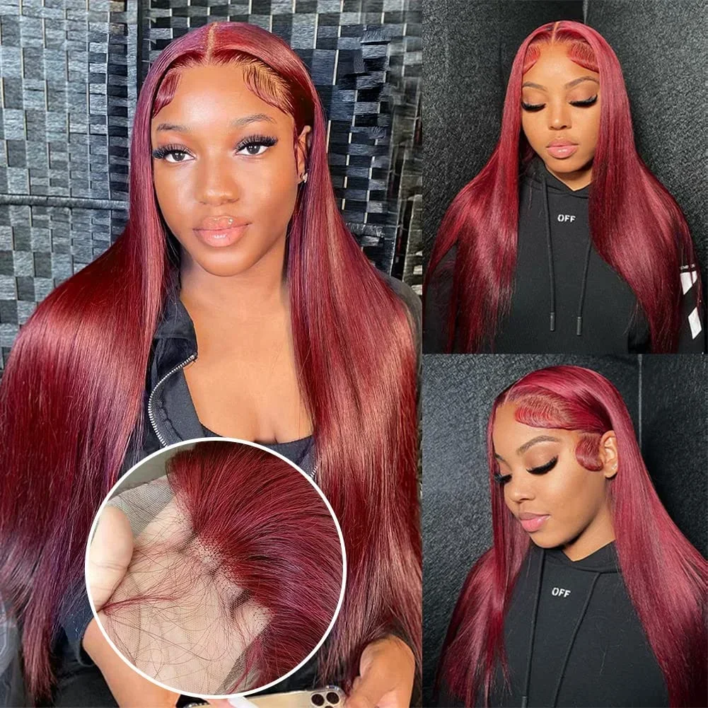 

200%Density 99j 34Inch 13x4 Lace Frontal Wig Burgundy Brazilian 13x6 Straight HD Transparent Lace Frontal Wigs For Women