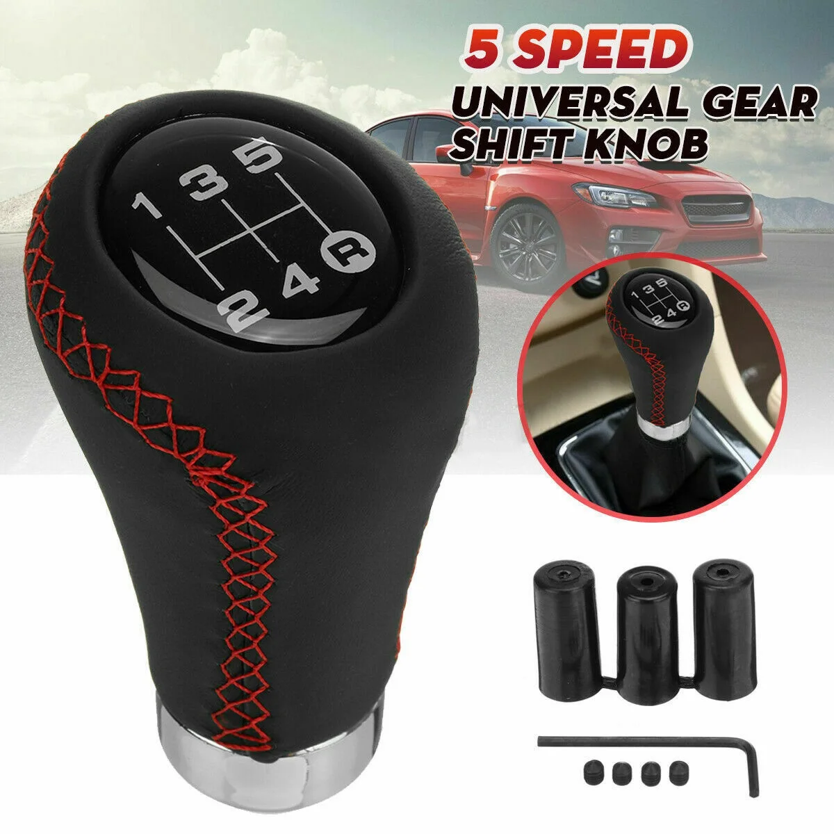 5 Speed Leather Stick Shift Knob Car Gear Shifting Shifter Lever Knobs Head Fit for Most Manual Vehicle, Black Leather