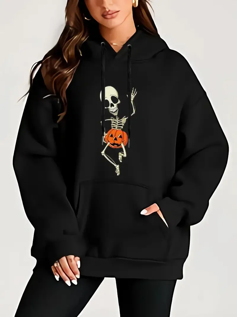 

Women's Halloween Skeleton Hoodie Pumpkin Graphic Large Casual Black Pullover Kangaroo Pocket Machine Washable Halloween Clothes