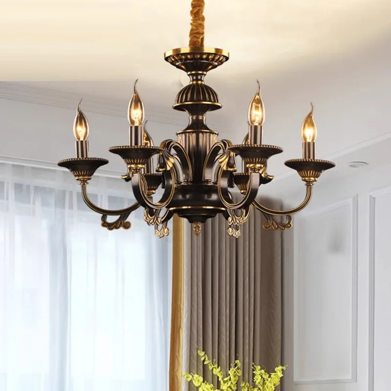 

European classical all-copper candle chandelier bedroom study light black gold 6 heads simple restaurant lamp H037